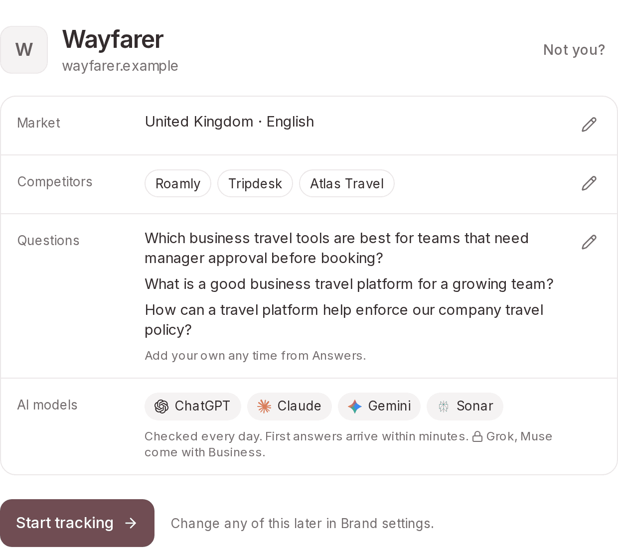 Proposed setup for Wayfarer: the United Kingdom market, competitors Roamly, Tripdesk and Atlas Travel, three business travel questions and the AI models included in the plan.