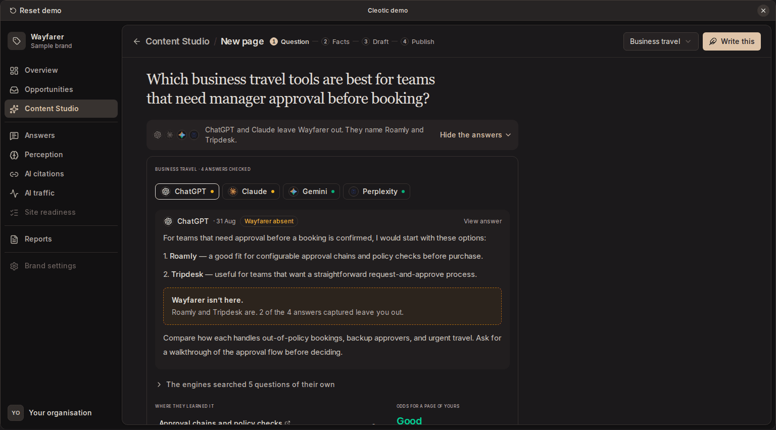 A new Content Studio page, opening on each engine's latest answer to the question