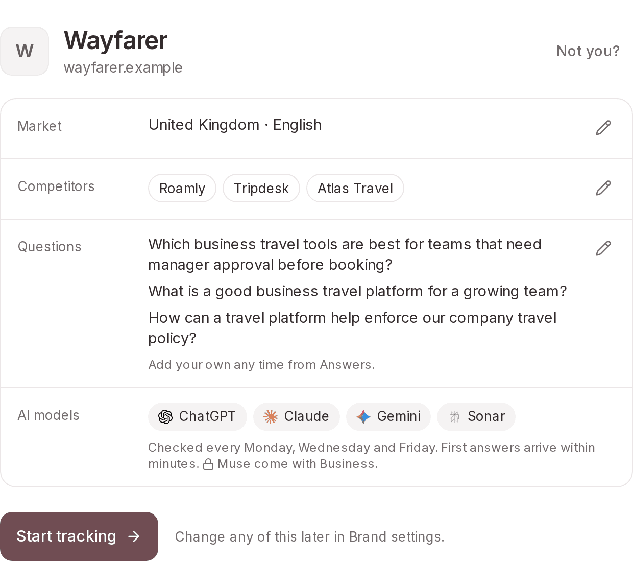 Proposed setup for Wayfarer: the United Kingdom market, competitors Roamly, Tripdesk and Atlas Travel, three business travel questions and the AI models included in the plan.