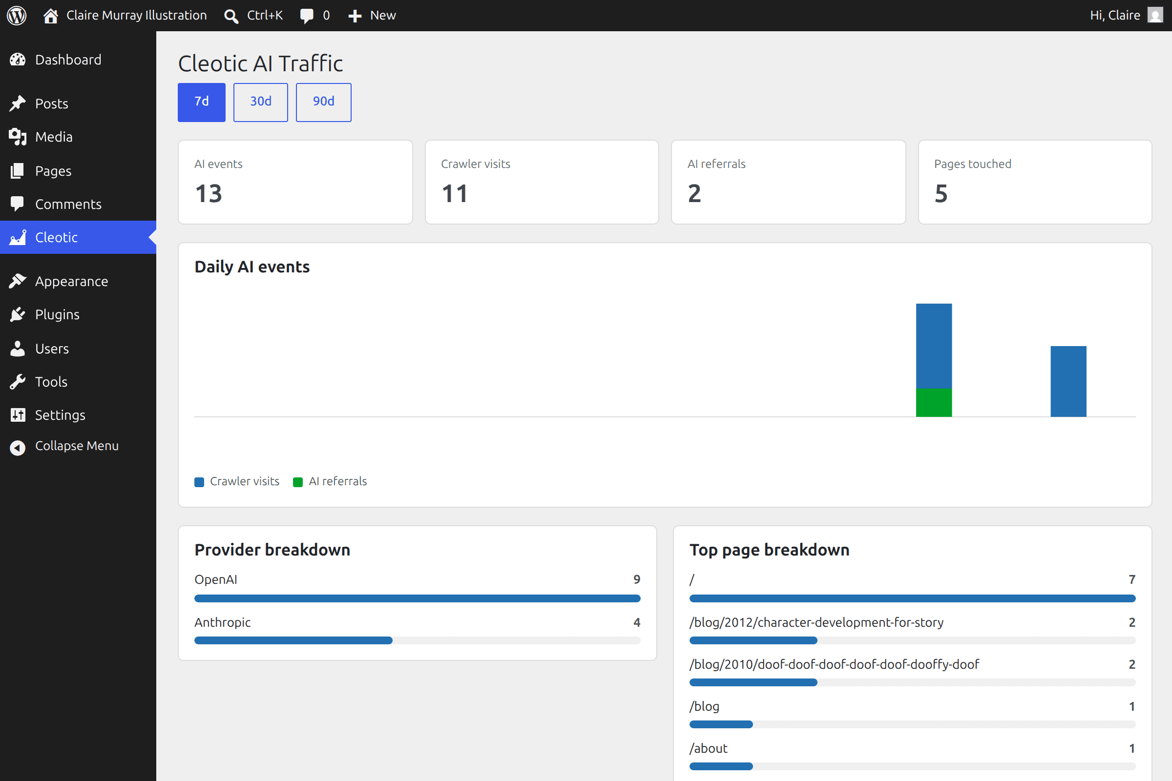 Screenshot of Cleotic Wordpress Plugin UI